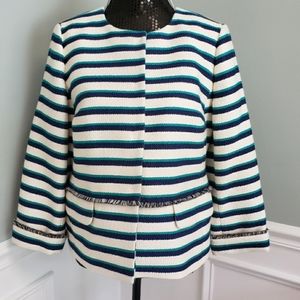 Talbots White, Teal & Navy Striped Peplum Jacket